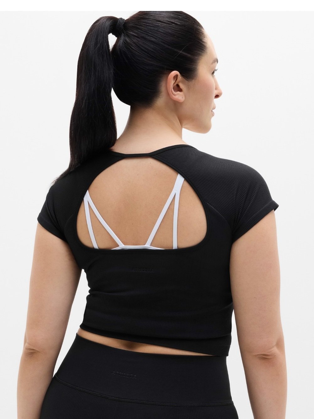 NWT Athleta Recharge Seamless Open Back Tee Black Rib - Picture 2 of 7